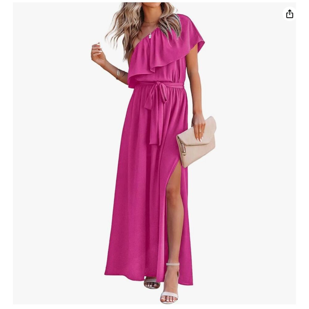 Pink Maxi Dress Ruffle One Shoulder High Waist Split Small NWT